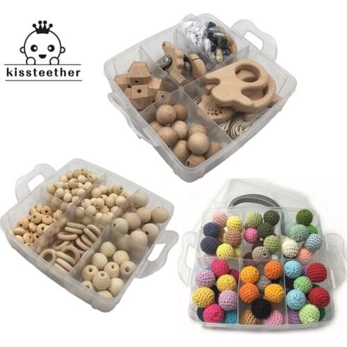 Wood Ring Teether Baby DIY Crafts Set Pacifier Clips Crib Toy Safe And Natural Crochet Bead Teether Necklace Animal Pendants