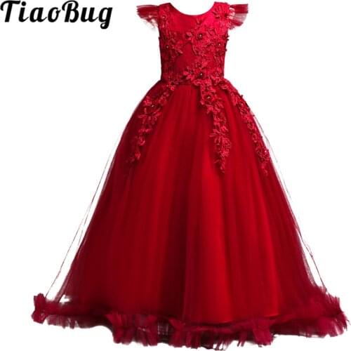 Kids 3D Embroidered Flower Long Dress Holy Communion For Girls Wedding Vestidos Party Gowns Flower Girl Dresses with Ruffled Hem