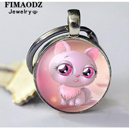 FIMAODZ Cute Pink Cat Keychain Kitty Pet Cartoon Animal Picture Glass Crystal Gem Pendant Key Chain Charm Alloy Key Ring