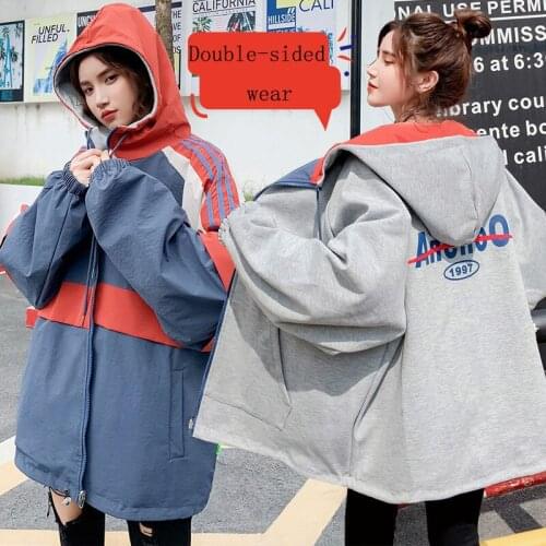 FNOCE autumn womens coat Double-sided wear young student fashion street casual long sleeve hooded zipper loose long coat jacket