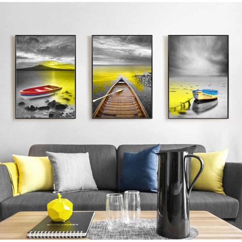 Yellow Lake and Boat Wall Art Canvas Paintings Romantic Nordic Style Posters Prints Wall Pictures for Living Room Home Decor