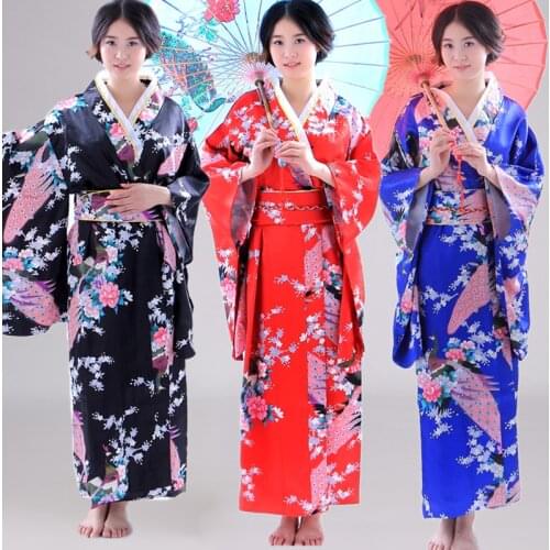 Japanese Peacock and Peony Flower Print Long Kimono Simulation Silk Studio Portrait Costume Women Bathrobe Clothing Long Dress