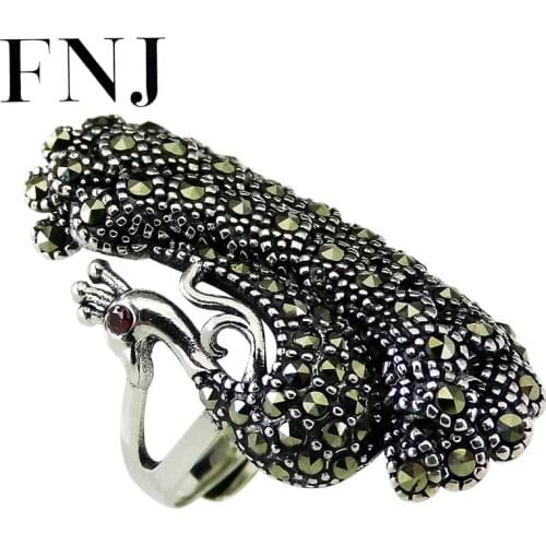 FNJ Vintage Peacock Ring 925 Silver Adjustable Size 100% Original Real S925 Solid Silver Rings for Women Jewelry MARCASITE