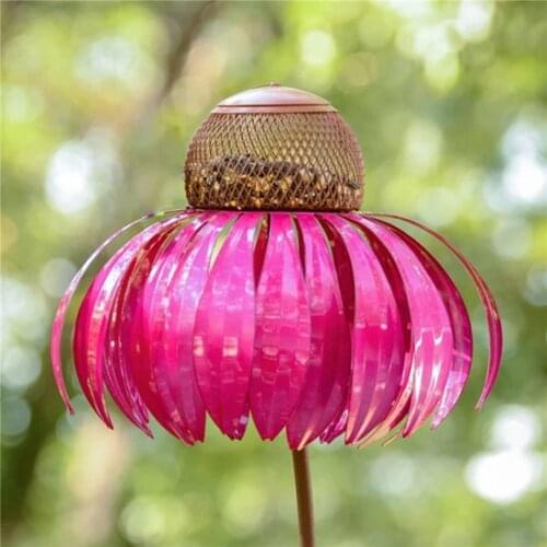 Desert Steel Pink Coneflower Standing Bird Feeder 13”W x 34”H Outside Rust Resistant Garden Art Metal Birdfeeder with Stand J30