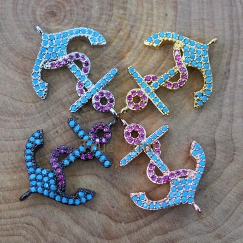 Lovely Anchor Pendant Pink Turquoises Zircon Paved Connector Ship Hook Beads Pendant Jewelry In 15.5*24.4 mm PC6762