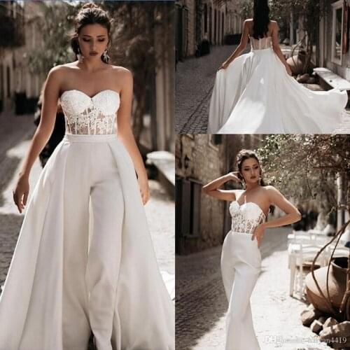 2021 New Cheap White Jumpsuits A Line Wedding Dresses Sweetheart Lace Satin With Overskirts Bridal Gowns Pants Dress Vestidos De