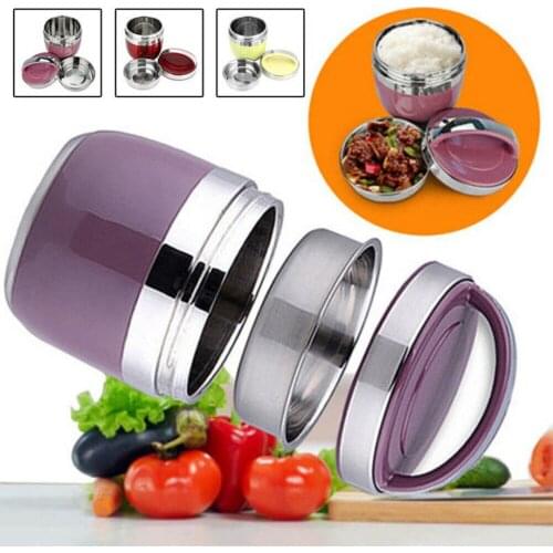 New Insulated Thermal Round Bento Box 1.2L 2Layer Stainless Steel Lunch Box Food Container Task With Handle Grip Portable