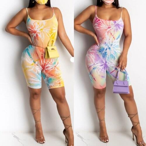 Tie Dye Print Skinny Casual Biker Shorts Rompers Womens Jumpsuit Sleeveless Sporty Workout Bodycon Fashion Clubwear Playsuits