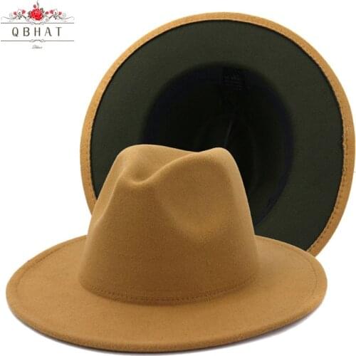 QBHAT Outer Tan Inner Olive Green Two Side Party Festival Faux Wool Felt Big Brim Jazz Fedora Hat for Women Men Casual Dress Cap