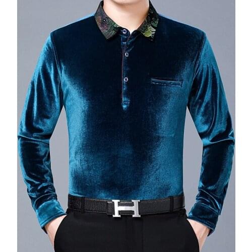 Blue Velvet Man T Shirts With Collar High Quality Velour T Shirts For Men 2020 Black Blouse Burgundy Clothes Large Sizes Thermal