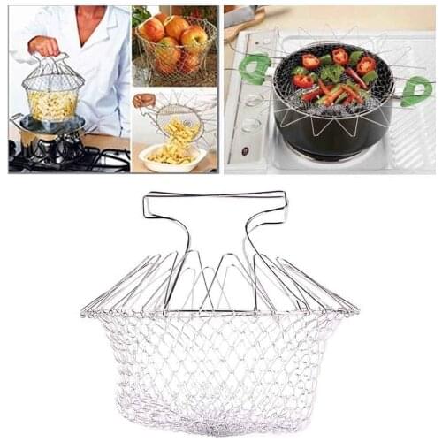 Foldable Steam Rinse Strainer Stainless Steel Colander Mesh Basket Drainer Frying French Fryer Tool Kitchen Cooking Basket WC005