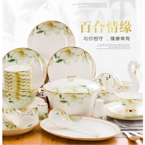 Wedding Jingdezhen Ceramic guci tableware set 60 pieces of green lily with gold border bone porcelain bowls and plates