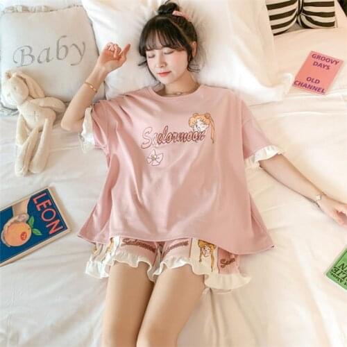 Women Pajamas Summer Short Sleeve 2pcs Femme Pijama Set Harajuku Anime Sailor Moon Homewear Cute Peter Pan Collar Nightgown