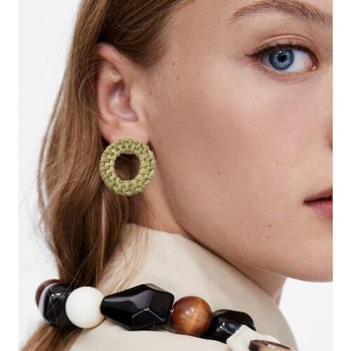 MANILAI Wood Straw Rattan Knit Stud Earrings Women Handmade Circular Big Errings Big Jewelry Statement Earrings Female Jewelry