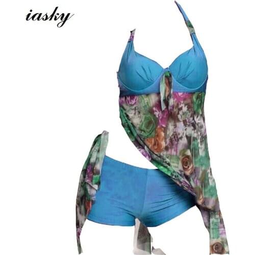 IASKY Women Push Up Two Piece Swimsuit 2018 New Plus size Tankini Set Retro Print Floral swimwear Bathing Suit swim Dress S--5XL