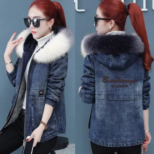 Women Denim Coat 2021 New Autumn Winter Parker Hooded Fur Collar Short Jeans Jacket Female Casual Tops Cotton Jacket Overcoat