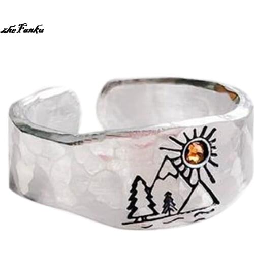 Mountain Sun Nature Landscape Carved Ring For Women Men Mountain Sunset Nature Forest Ring Adjustable Jewelry