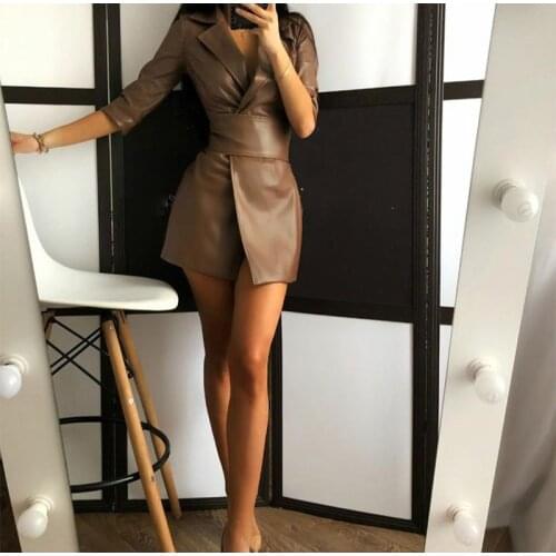 Zoulv Solid Streetwear Casual Ladies Clothes PU Leather Irregular Womens Mini Dress Three Quarter Notched Sashes Female Dress