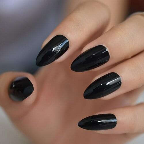 Classic Shiny Black False Fake Nails Stiletto Pure Color Glossy Press on Full Cover Finger Daily Wear 24pcs UV Nail Tip