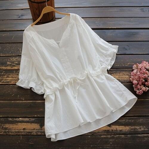 6421 new summer women Japan style loose Cotton V-Neck short sleeve tops female Literary solid color Pullover shirt blouse