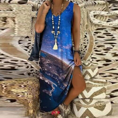 Elegant Summer V-Neck Party Dresses 2021 Casual Women Vest Sleeveless A-Line Maxi Dress Lady Fashion Vintage Printed Long Dress