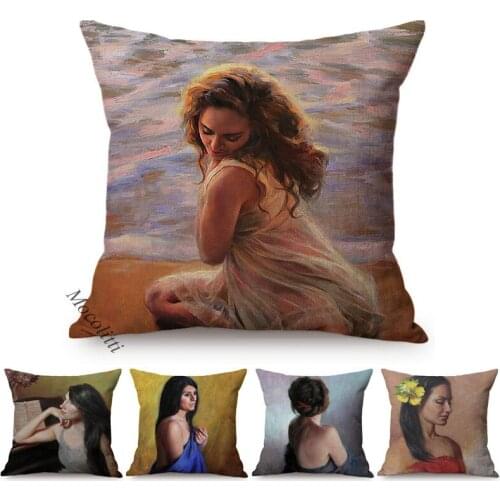 Elegant Sexy Woman Self-Portrait Home Decoration Square Cushion Cover Charming Lady Girl Flax Sofa Pillowcase Bed Cushions Cover