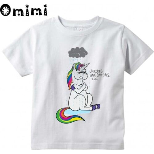 Boys/Girls Bad Day Unicorn Cartoon Design T Shirt Kids Cool Casual Tops Childrens Summer White T-Shirt