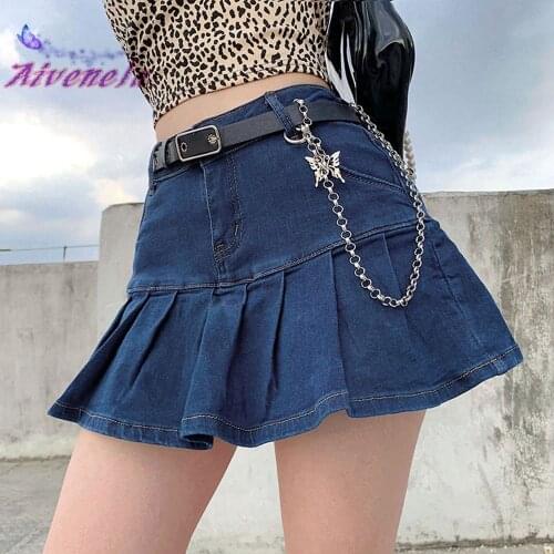Harajuku Style Girls Jeans Skirt High Waist Pleated Mini Skirts Streetwear Bottom Y2K Skinny Girl Women Wear AFC868