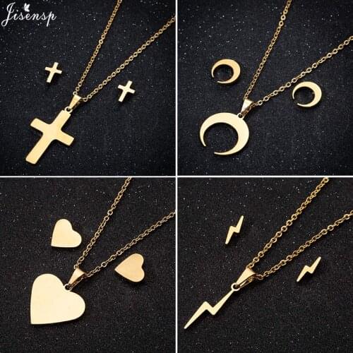 Jisensp Simple Fashion Vintage Cross Pendant Necklace Earrings Geometric Stainless Steel Jewelry Sets for Women Christmas Gift