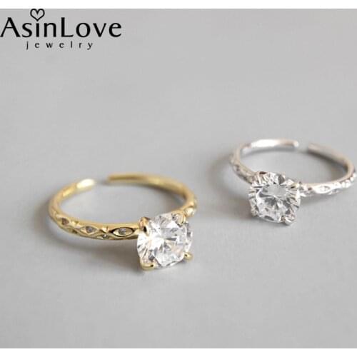 AsinLove Fashion Temperament Four Claws Round Zircon Rings Real 925 Sterling Silver Creative Handmade Fine Jewelry for Women