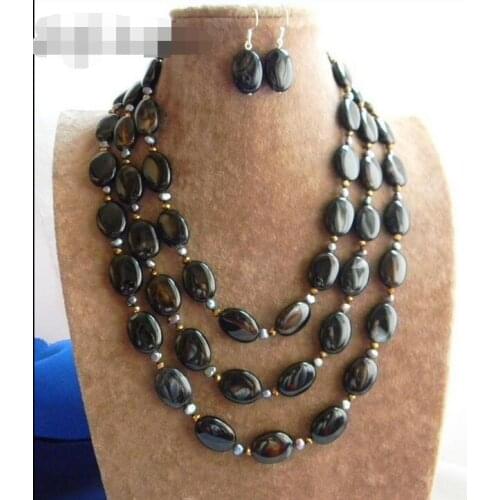Vogue popular 3Strands 18" Black Baroque Freshwater Pearl Crystal Necklace Earring Set
