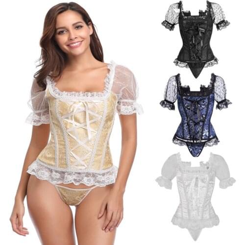 Corsets For Women Overbust Bustier Top Steampunk Gothic Lace Up Sexy Lace Short Sleeve Waist Slimming Corset Shaper Black Blue