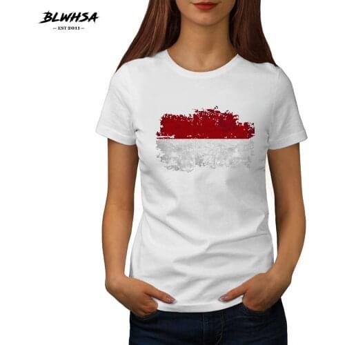 BLWHSA Summer Clothing Women White T-Shirts Indonesia Nostalgic Flag Pattern Printed Short Sleeve Casual T-Shirts Ladies Tops