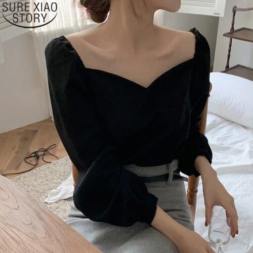 Fashion Ladies Elegant Tops Women Blouse Black Shirt New Korean Vintage Sexy Blouse Petal Collar Long Sleeve Blusas Mujer 13101