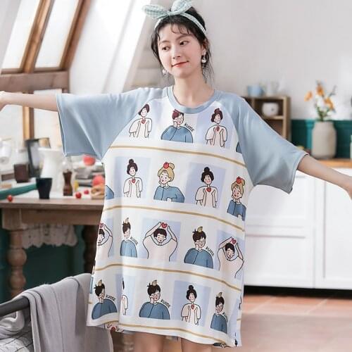 OVersized Womens Sleepwear Cotton Cartoon Night Gown Nightdress Sleep Dress O-neck Nighties Nighty Sweet Home Wear Nightwear