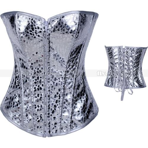 Silver Twinkle Faux Leather Zip Corset Lace up Bustier Clubwear Fashion Top S M L XL 2XL