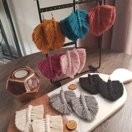 Dvacaman Boho Handmade Colorful Tassel Macrame Earrings for Women Cotton Thread Fringed Statement Leaf Earrings Jewelry Wedding