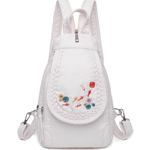Embroidery Women Backack Soft Leather School Bag for Girls Fashion Ladies Travel Back Pack Small Sling Chest Bag Rucksacks