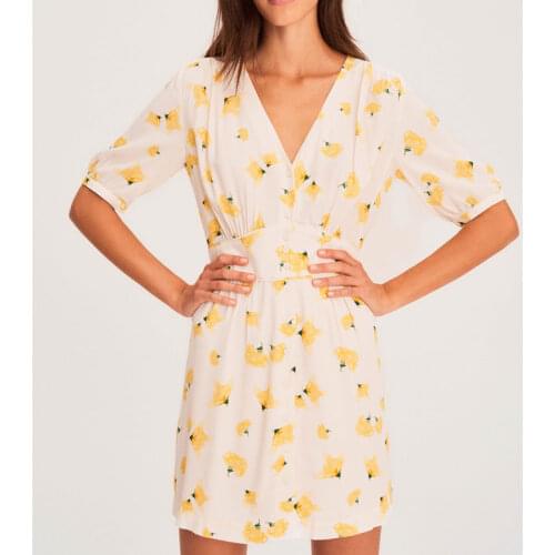 100% Viscose Women Dress V-neck Five-point Sleeve Printed Flower Mini Dress