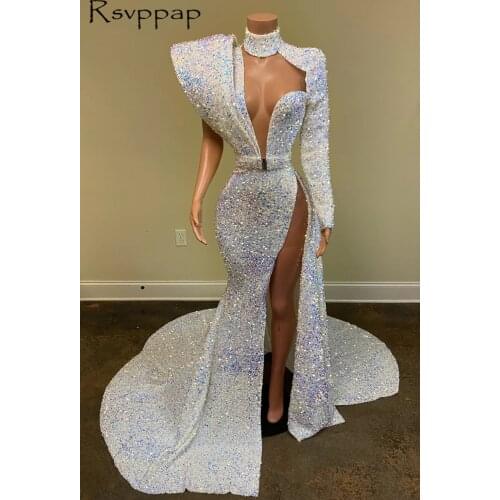 Gorgeous Sequin Long Mermaid Prom Dresses 2021 Sexy High Slit Sheer High Neck Single Long Sleeve African Black Girl Prom Dress