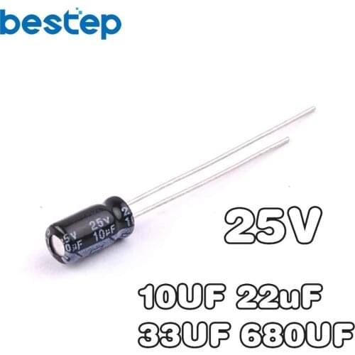 50PCS 25V aluminum electrolytic capacitor 25V 10UF 22uF 33UF 680UF