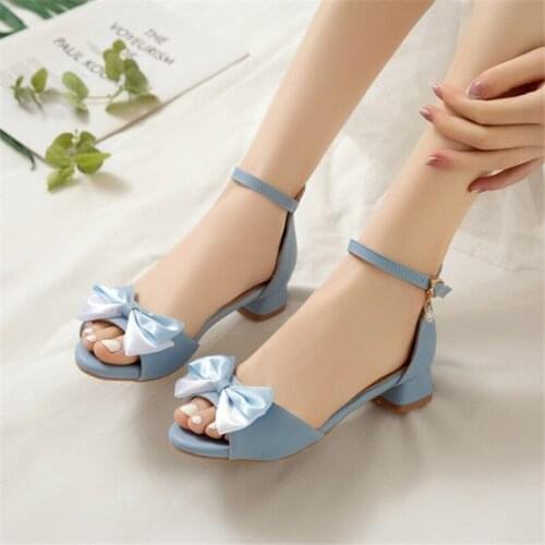 PXELENA 2021 Summer JK Korean Sweet Princess Lolita Sandals Butterfly-knot Low Heels Shoes Women Blue Pink White Plus Size 34-43