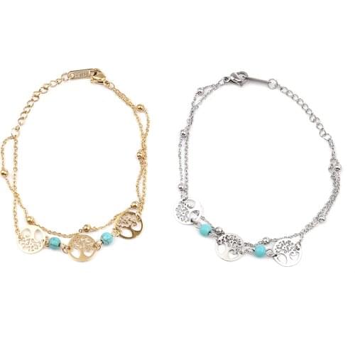 Stainless Steel Bracelets Gold Color & Silver Color Blue Round Tree Imitation Stone 17cm(6 6/8") long, 1 Piece