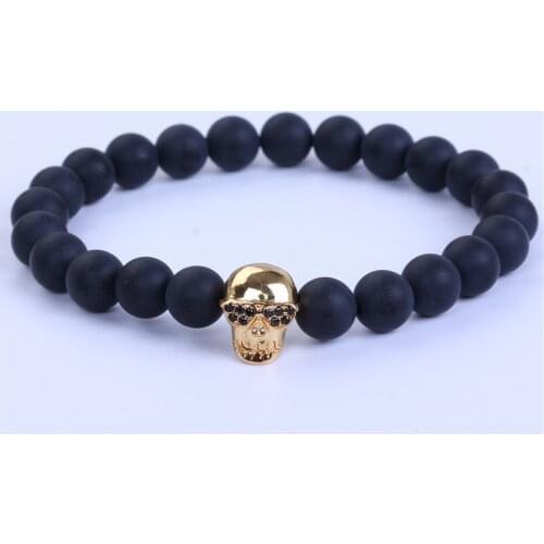 Skull Bracelets for Men Matte Black Bead Bracelet with Cubic Zirconia Skull Gold Color Charm Natural Stone Beads Stretch Jewelry