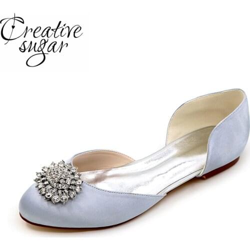 Creativesugar Fashion crystal Charm d'orsay separate flat womens rounded toe wedding evening party prom satin shoes sandals