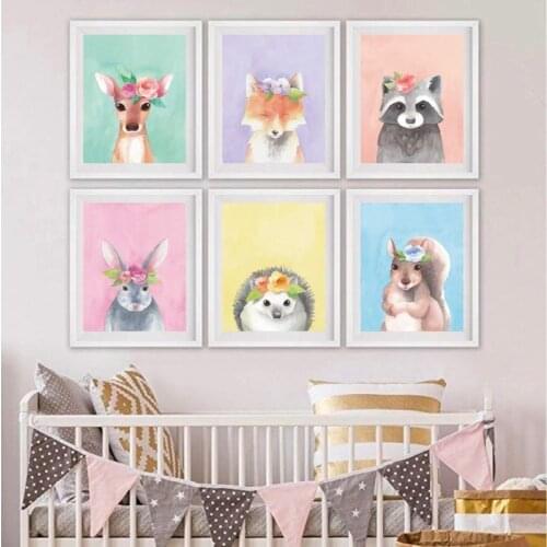 Nursery Wall Art Print Canvas Painting Cartoon Rabbit Deer Fox Squirrel Raccoon Nordic Poster Wall Picture Baby Girl Room Decor