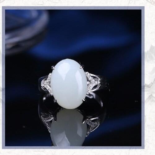 S925 Sterling Silver Inlaid Natural Xinjiang Hetian Jade White Jade Ring