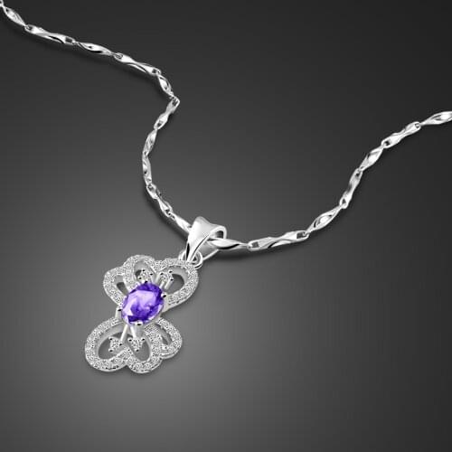 Fashion Woman Purple Zircon Bowknot Pendant Necklace Elegant 100% 925 Sterling Silver Choker Chain Charm Fine Jewelry