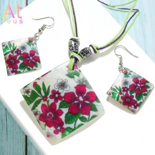 Korean Style Indie Pop Flower Jewelry Set Lady Bride Shell Printed Rhombus Pendant Necklace Rope Chain Dangle Earrings
