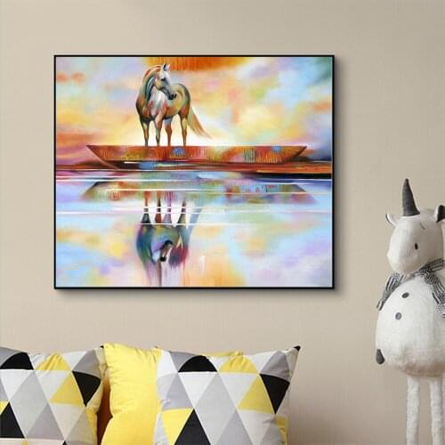 Landscape Wall Art Painting Canvas Picture Abstract Animal Print Horse Reflection Picture For Living Room Home Decor No Frame